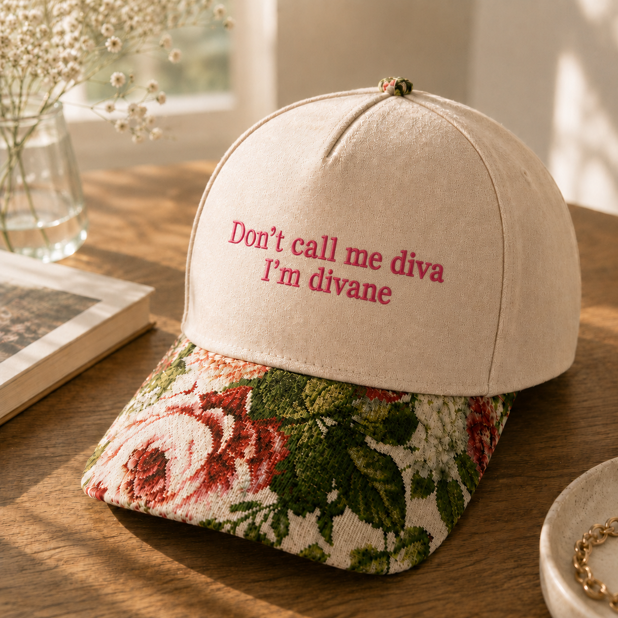 Don't Call Me Diva I'm Divane Embroidered Floral Hat