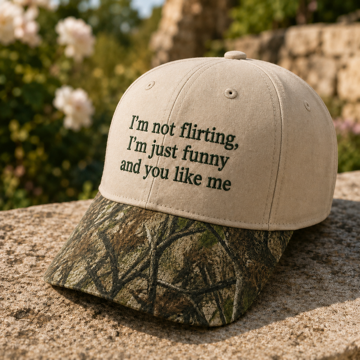 I'm Not Flirting Just Funny And You Like Me Embroidered Floral Hat