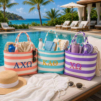 Greek Letters Sorority Embroidered Striped Tote Bag