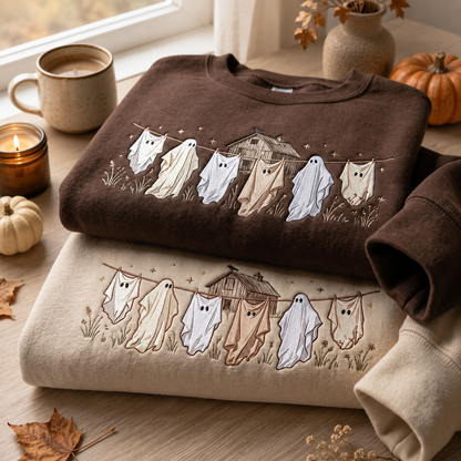 Two folded Halloween embroidered sweatshirts in dark brown and sand beige featuring whimsical ghosts hanging on a clothesline with a haunted house design.