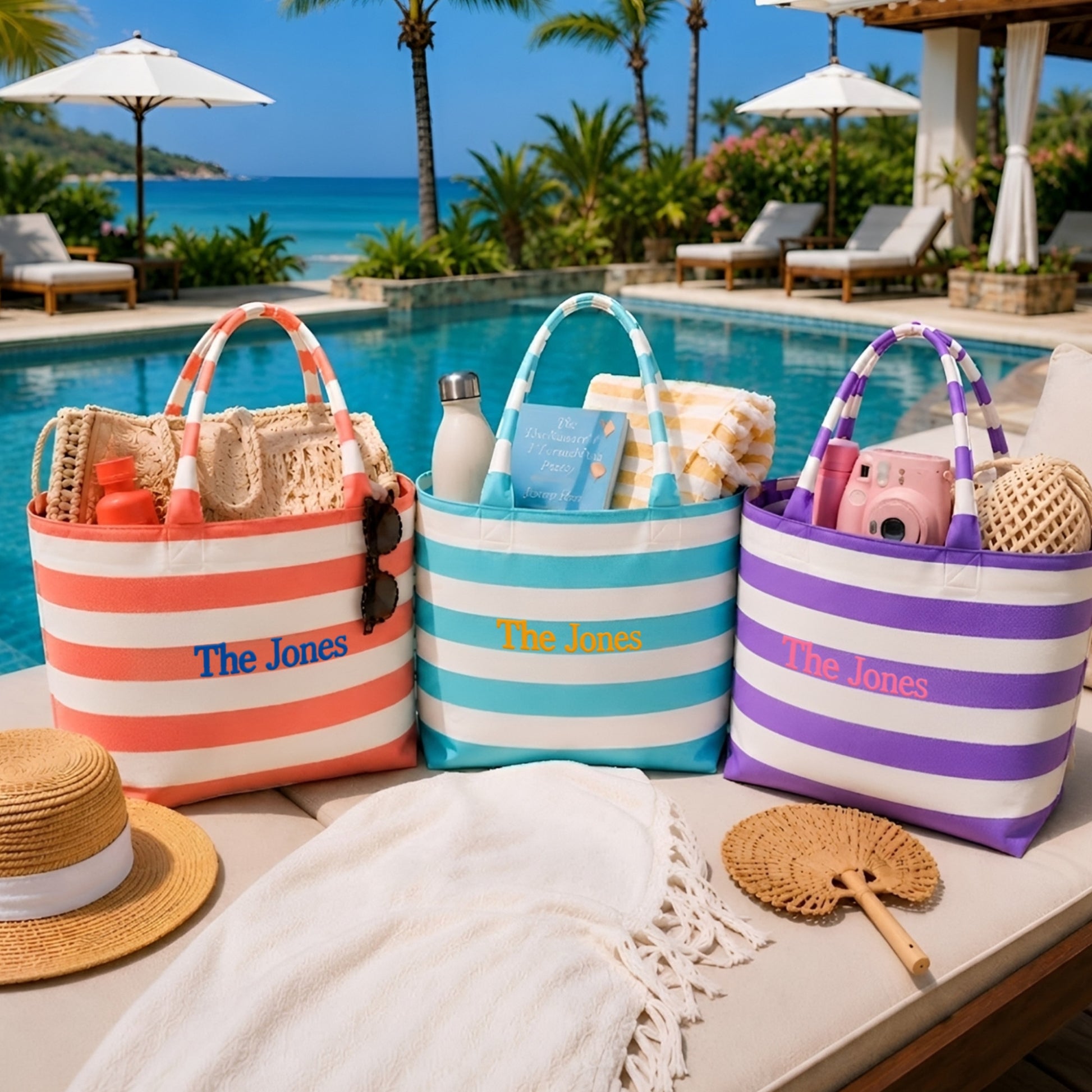 Three striped beach tote bags with the brand name 'The Jones' embroidered on them, displayed on a poolside lounge chair with tropical beach scenery in the background.