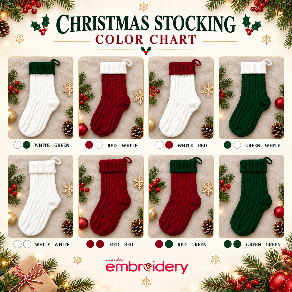 A Christmas stocking color chart graphic showing eight different color combinations for knit Christmas stockings, including green and white, red and white, red and green, and green and black. Each colorway is displayed with a small circular color swatch and labels underneath.