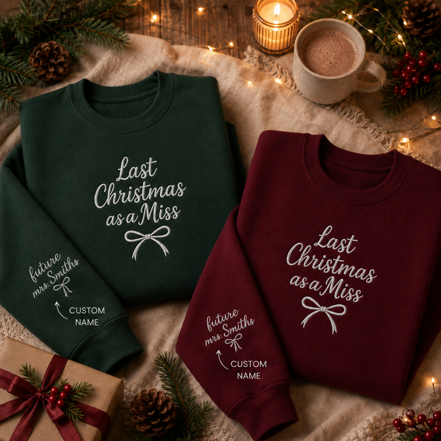 Two crewneck sweatshirts in forest green and maroon embroidered with white text "Last Christmas as a Miss" and a bow, featuring customizable sleeve text "future mrs. Smith," set in a festive Christmas scene.