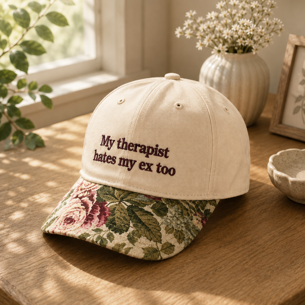 Beige cap embroidered with "My therapist hates my ex too" in brown text with a vintage floral printed brim, resting on a wooden surface.