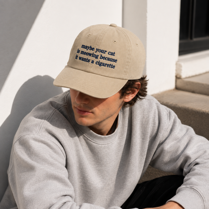 A man wearing a beige baseball cap with navy blue embroidered text that reads 'maybe your cat is meowing because it wants a cigarette', paired with a light gray sweatshirt in an outdoor setting.
