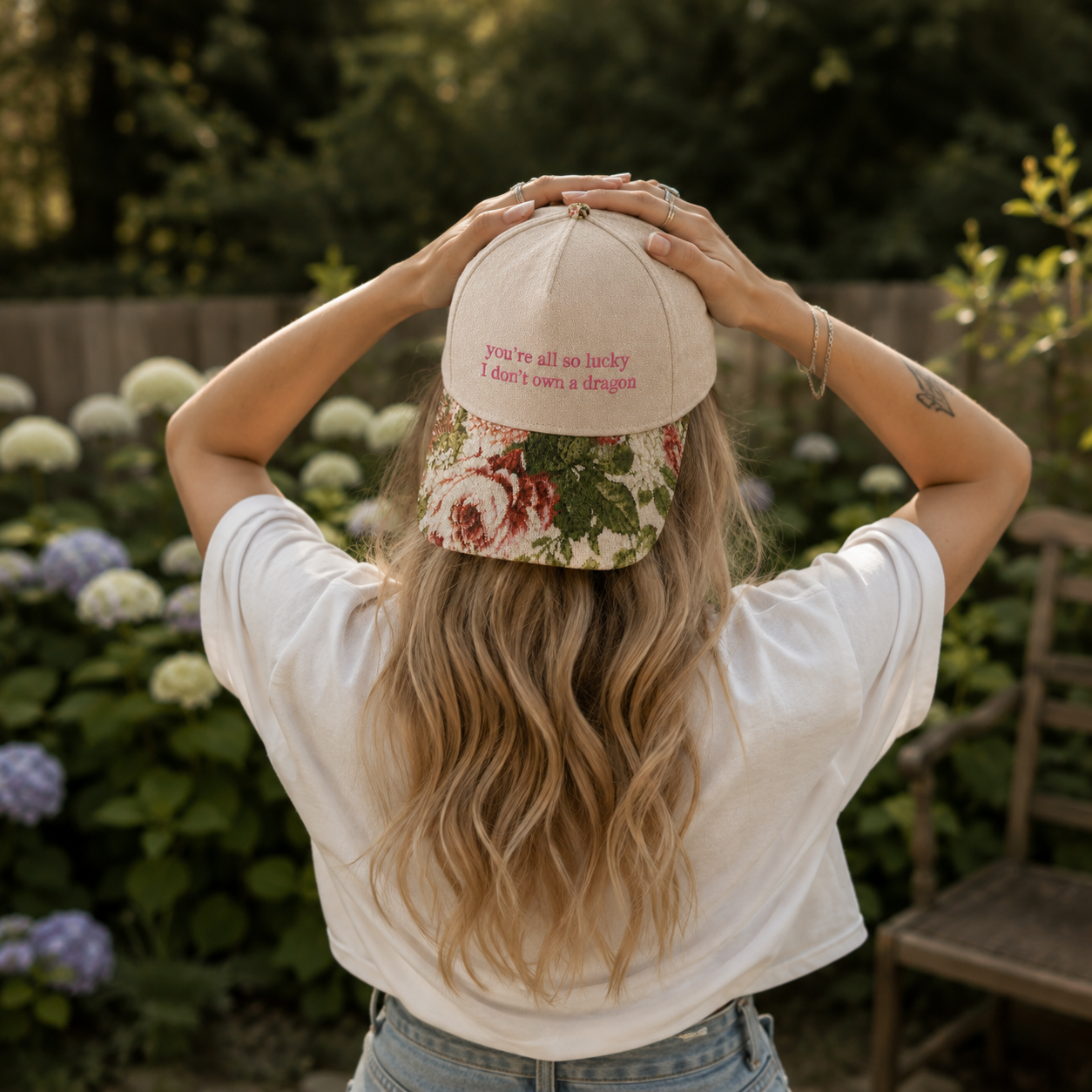 I Don't Own A Dragon Embroidered Floral Hat