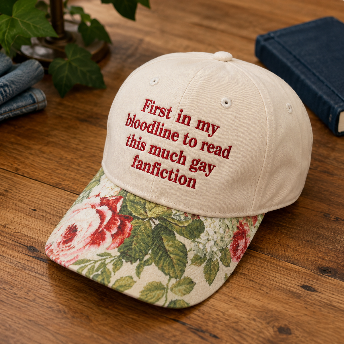 A baseball cap placed on a wooden table, with a cream crown and a floral brim featuring red roses and green leaves. The cap has red embroidered text reading, 'First in my bloodline to read this much gay fanfiction.