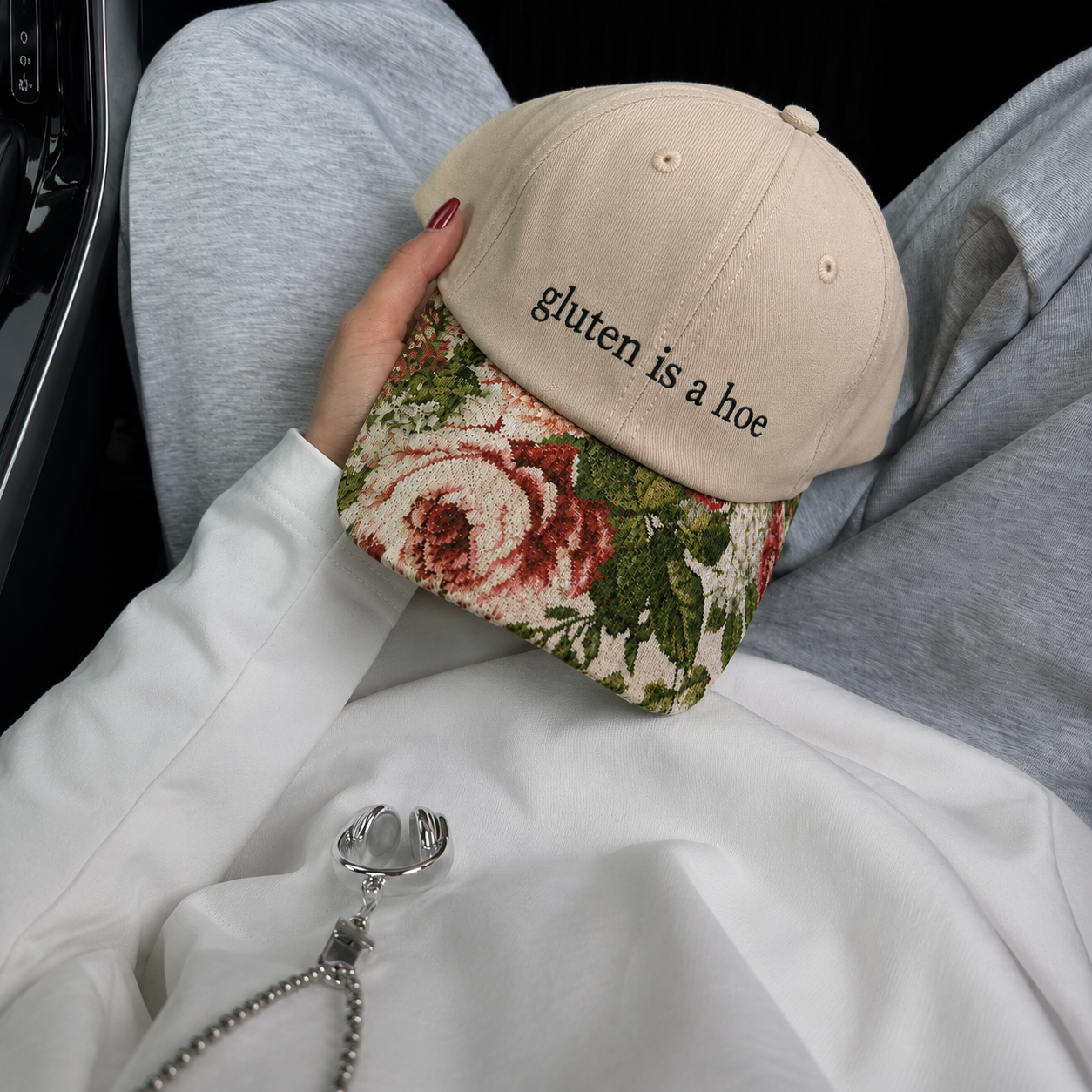 Gluten Is A Hoe Embroidered Floral Hat