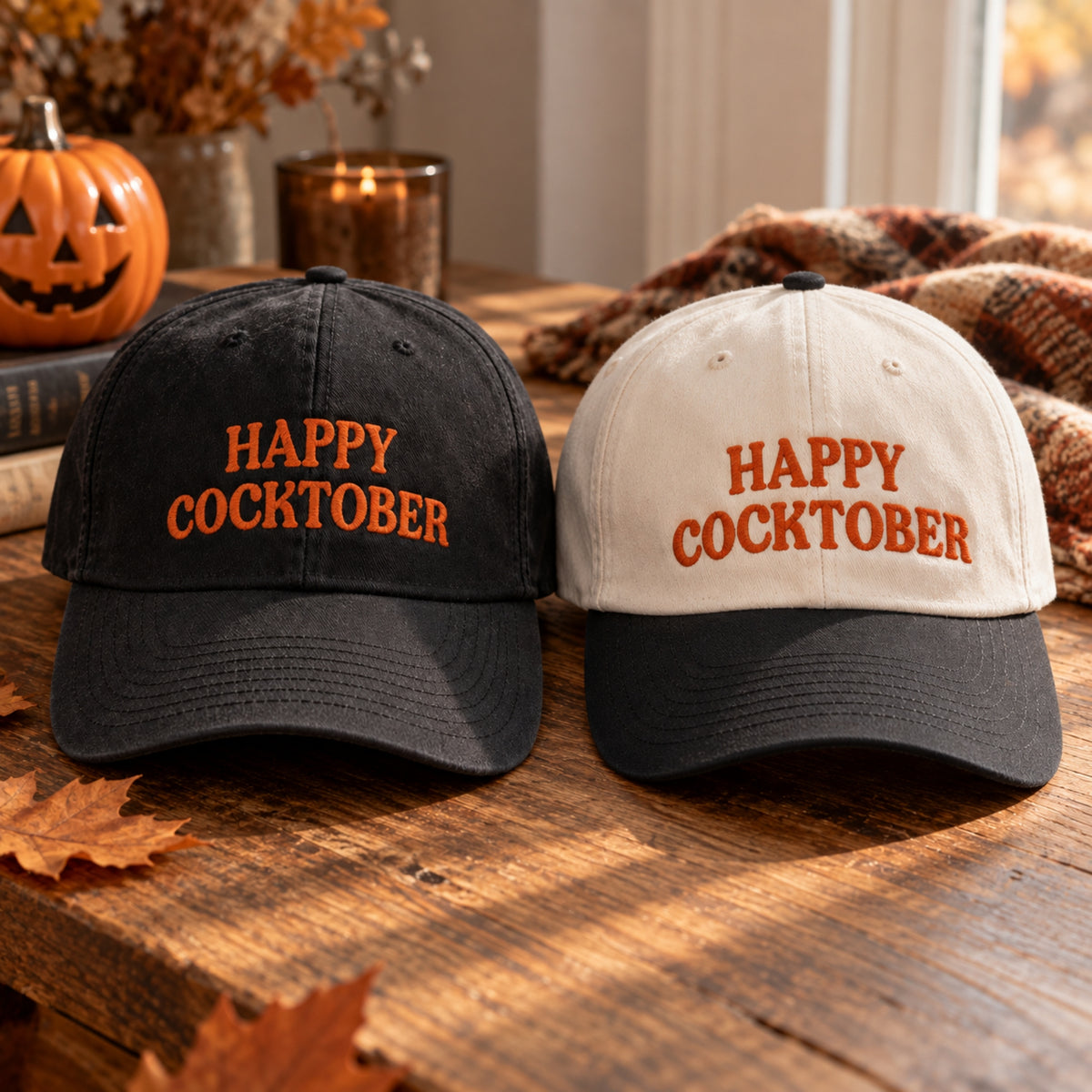 Two embroidered baseball caps on a rustic wooden table, styled with autumn props including a jack-o'-lantern, leaves, and a candle. One cap is black with orange embroidery, and the other is off-white with orange embroidery.