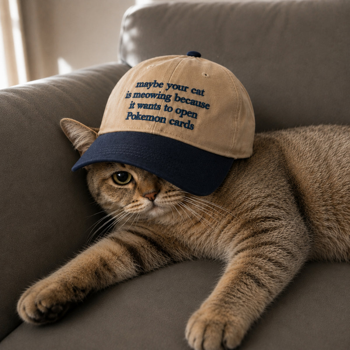 A brown tabby cat lies on a gray couch wearing a beige and navy baseball cap with embroidered text that reads, 'maybe your cat is meowing because it wants to open Pokemon cards.'.