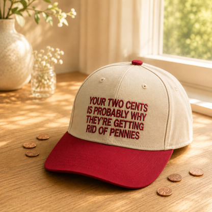 A baseball cap with a cream-colored crown and a red brim, featuring red embroidered text on the front. The cap is styled on a wooden table with scattered coins, a vase, and a window in the background.
