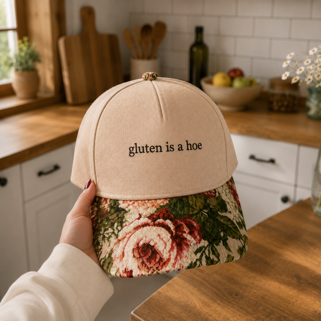 Gluten Is A Hoe Embroidered Floral Hat
