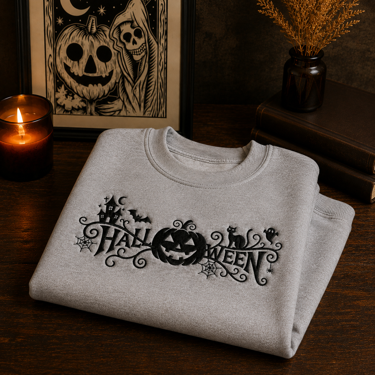 A folded light gray crewneck sweatshirt with a black embroidered 'Halloween' graphic sits on a dark wooden table. The background is styled with a burning candle, a framed skeleton and pumpkin print, and a small vase of dried grass.