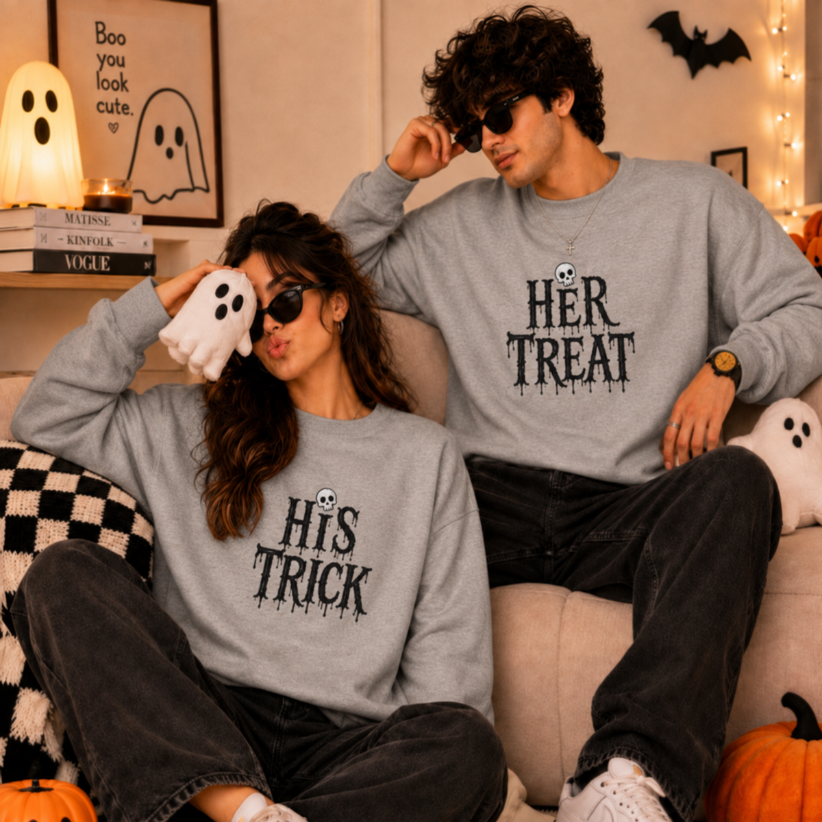 A man and a woman wearing matching light gray graphic sweatshirts for Halloween, sitting on a couch in a cozy room. The woman's sweatshirt says 'HIS TRICK' and the man's says 'HER TREAT' in black dripping font with a small skull graphic above.