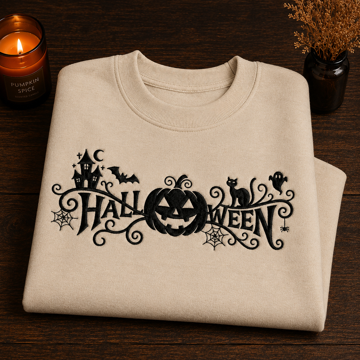 A folded cream-colored crewneck sweatshirt with a black Halloween-themed graphic reading 'HALLOWEEN' across the chest, styled on a dark wooden table with a lit candle and dried flowers in the background.
