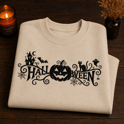 A folded cream-colored crewneck sweatshirt with a black Halloween-themed graphic reading 'HALLOWEEN' across the chest, styled on a dark wooden table with a lit candle and dried flowers in the background.