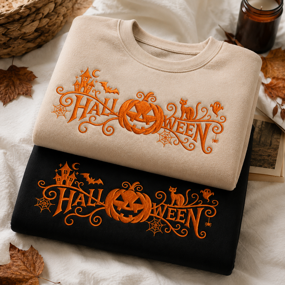 Two folded crewneck sweatshirts stacked on a white fabric surface with autumn leaves and a woven basket. The top sweatshirt is cream with orange Halloween embroidery, and the bottom sweatshirt is black with matching orange Halloween embroidery.