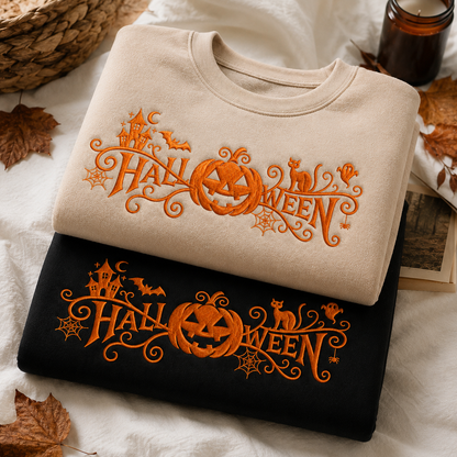Two folded crewneck sweatshirts stacked on a white fabric surface with autumn leaves and a woven basket. The top sweatshirt is cream with orange Halloween embroidery, and the bottom sweatshirt is black with matching orange Halloween embroidery.