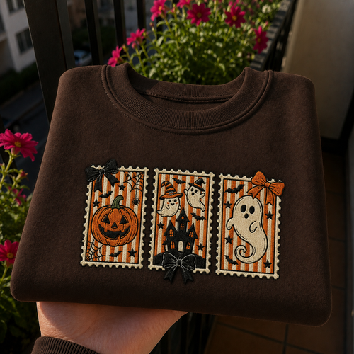 A folded brown sweatshirt held in a hand, featuring three embroidered Halloween-themed rectangular patches on the front with a jack-o'-lantern, haunted house, and ghost design.