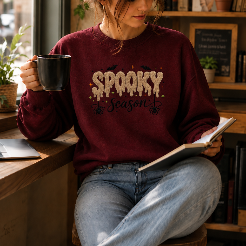 A woman sitting in a cozy bookstore or cafe setting, wearing a burgundy crewneck sweatshirt with a 'Spooky Season' graphic and reading a book while holding a black mug.