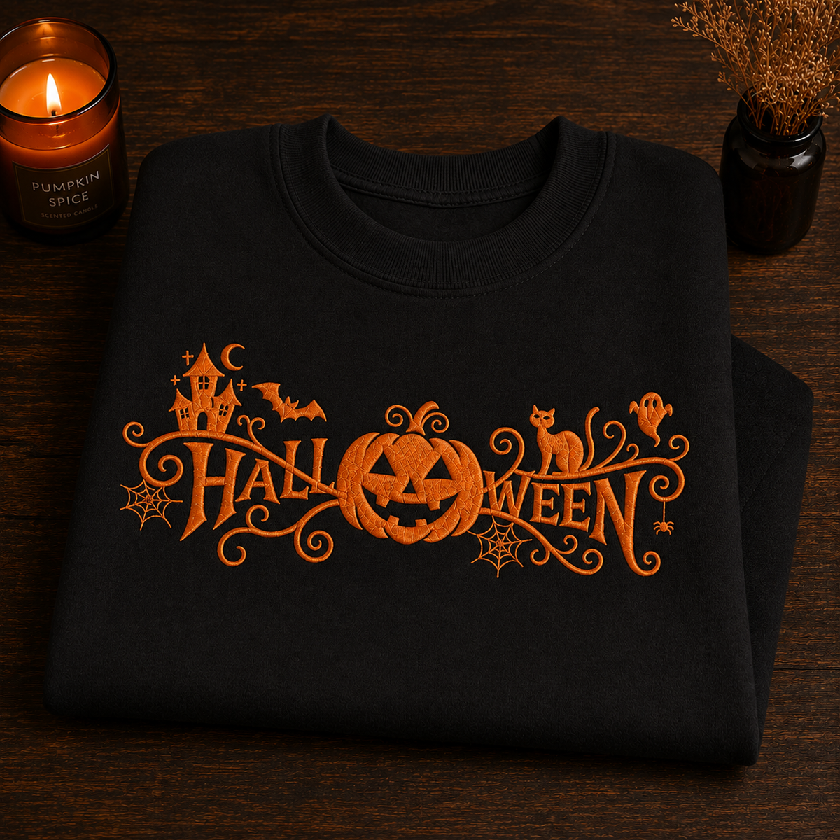A folded black crewneck sweatshirt with an orange Halloween-themed graphic reading 'HALLOWEEN' across the chest, displayed on a dark wooden surface with a lit candle and dried flowers in the background.