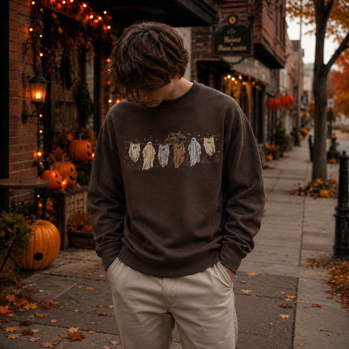 Man wearing a dark brown Halloween crewneck sweatshirt featuring embroidered whimsical ghosts hanging on a clothesline with a haunted house, standing outdoors on a decorated autumn street.