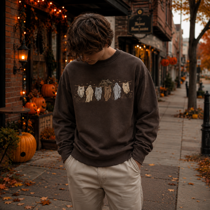 Man wearing a dark brown Halloween crewneck sweatshirt featuring embroidered whimsical ghosts hanging on a clothesline with a haunted house, standing outdoors on a decorated autumn street.