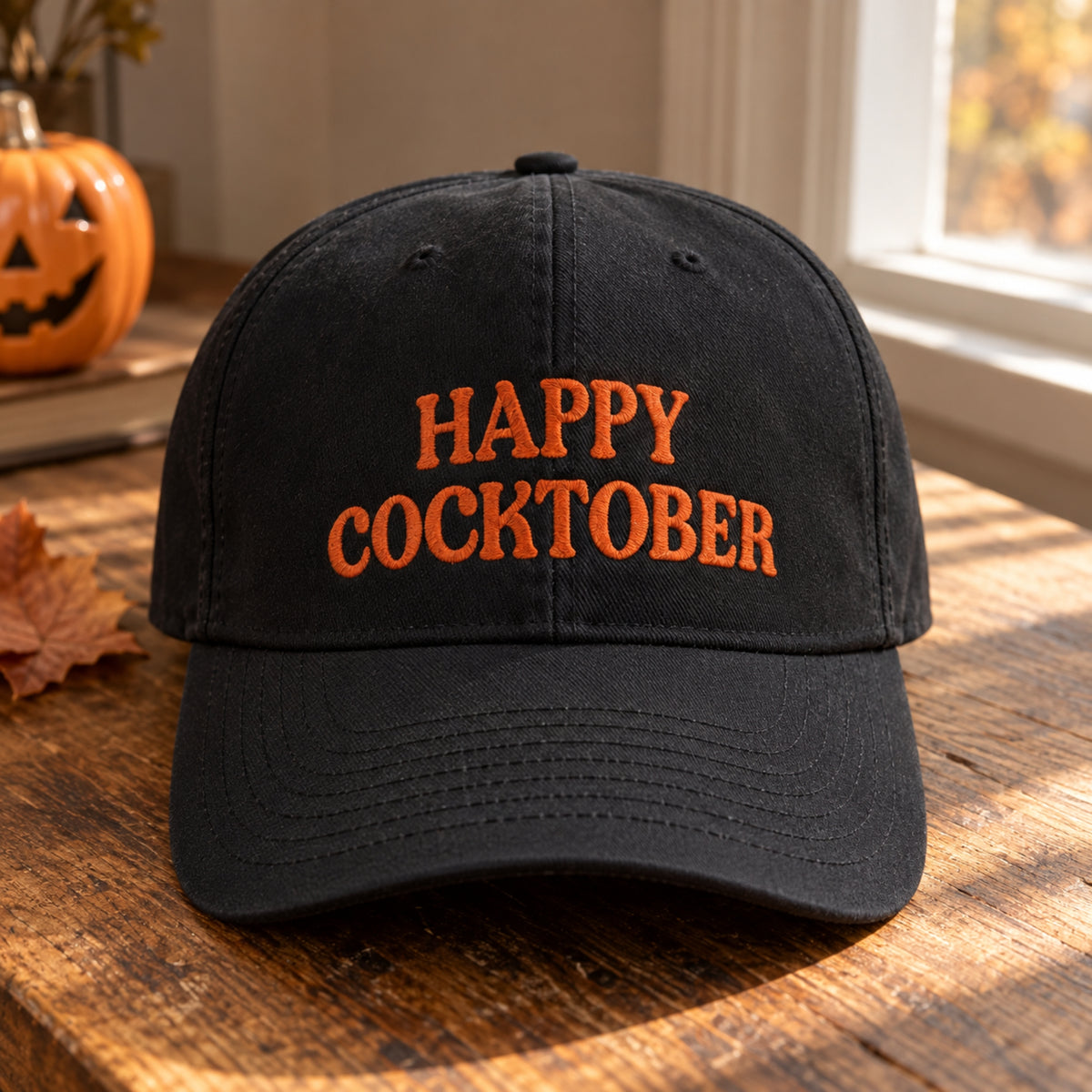 A black baseball cap with orange embroidered text reading 'HAPPY COCKTOBER' sits on a wooden table in a warm, autumnal setting with a jack-o'-lantern and leaf visible in the background.
