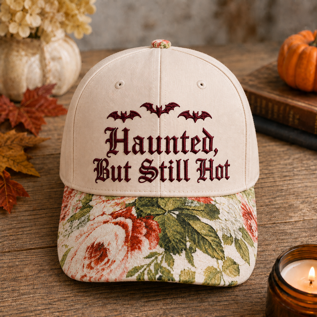 A baseball cap styled on a rustic wooden table. The cap features an off-white crown with dark red embroidered text reading 'Haunted, But Still Hot' and three bats, paired with a floral-patterned brim in cream, red, and green.