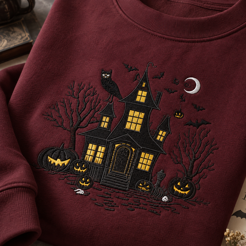 A close-up of a burgundy crewneck sweatshirt featuring a detailed black embroidered Halloween scene with a haunted house, jack-o'-lanterns, bats, an owl, and a crescent moon.