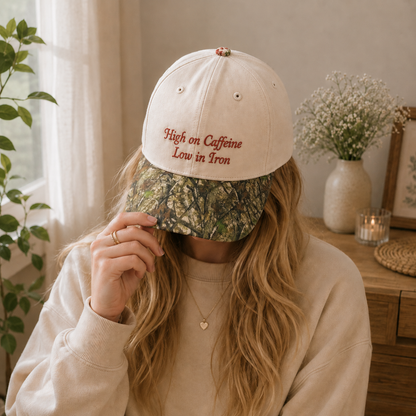 High On Caffeine Low In Iron Embroidered Floral Hat