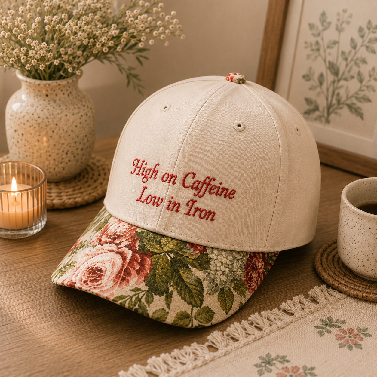 Beige baseball cap with red embroidered text reading 'High on Caffeine Low in Iron' and a vintage floral rose tapestry visor, resting on a wooden table.