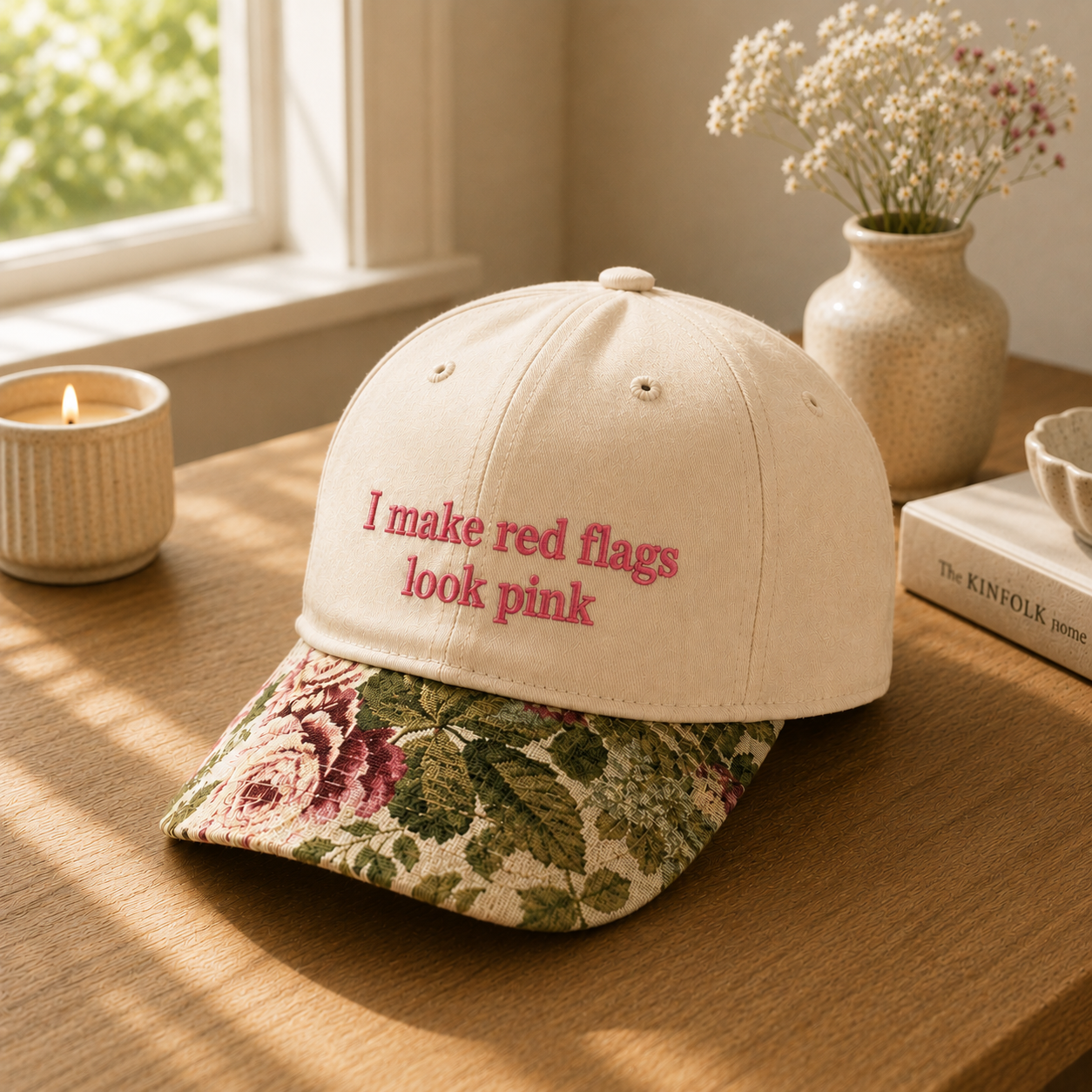 A beige embroidered baseball hat featuring pink lettering that says 'I make red flags look pink' on the crown and a green and pink floral brim, resting on a wooden table.