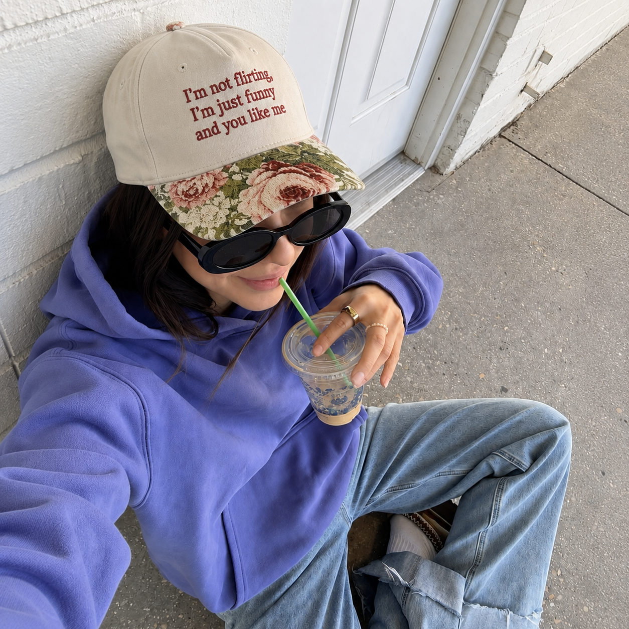 I'm Not Flirting Just Funny And You Like Me Embroidered Floral Hat