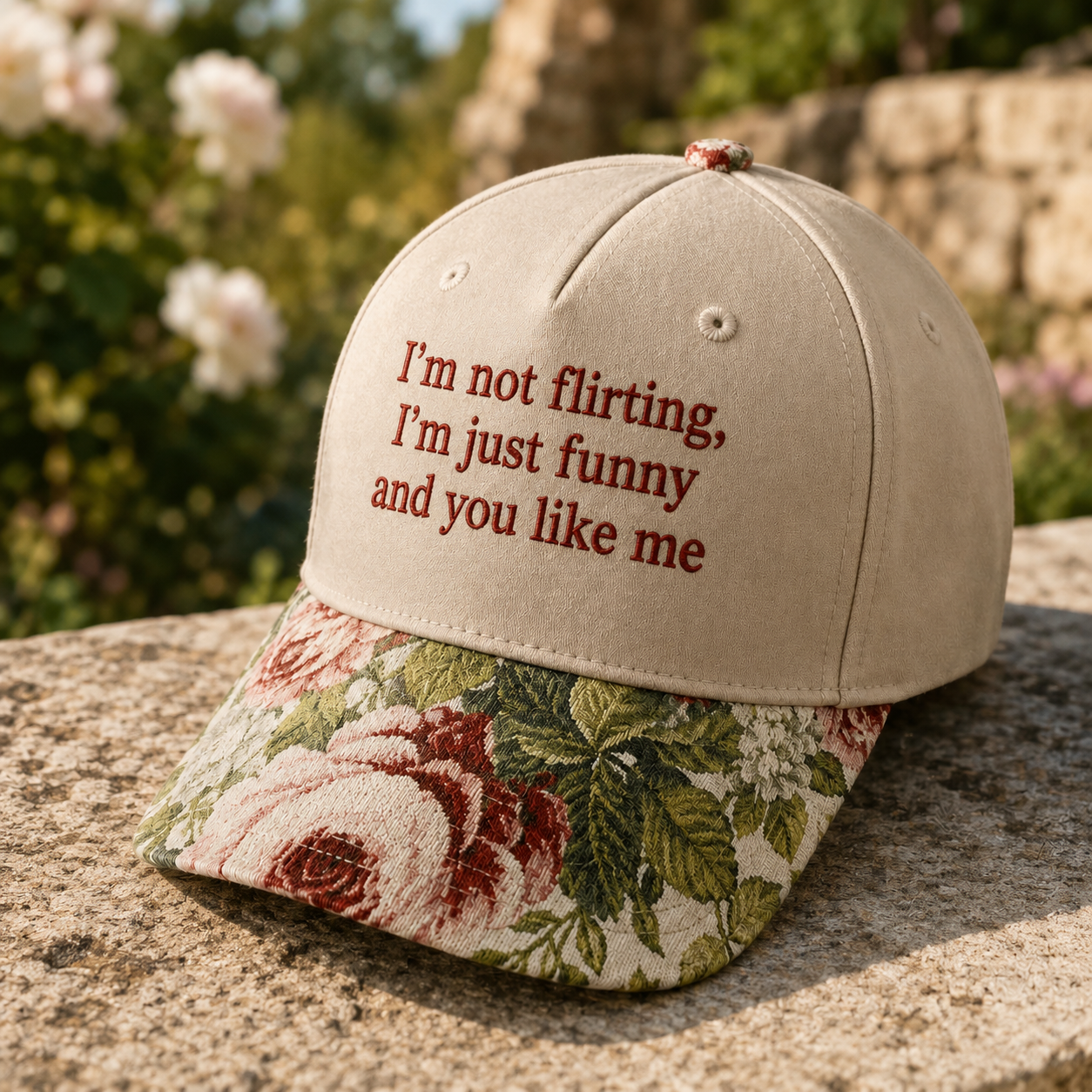 I'm Not Flirting Just Funny And You Like Me Embroidered Floral Hat