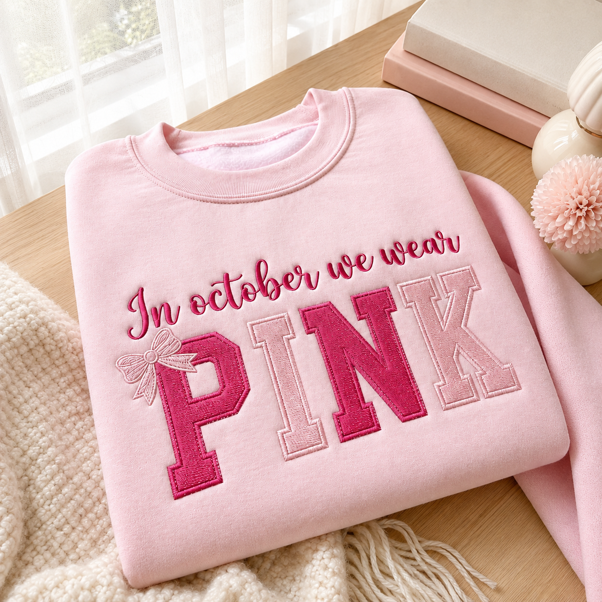 A folded light pink sweatshirt on a wooden table, featuring the embroidered text 'In October we wear PINK' in shades of pink, with a small bow detail on the letter P.
