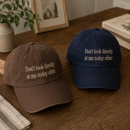 Two embroidered baseball caps on a wooden table: one brown and one navy blue, both with the phrase 'Don't look directly at me today either' in light beige lettering. A plant, framed picture, and books are visible in the background.