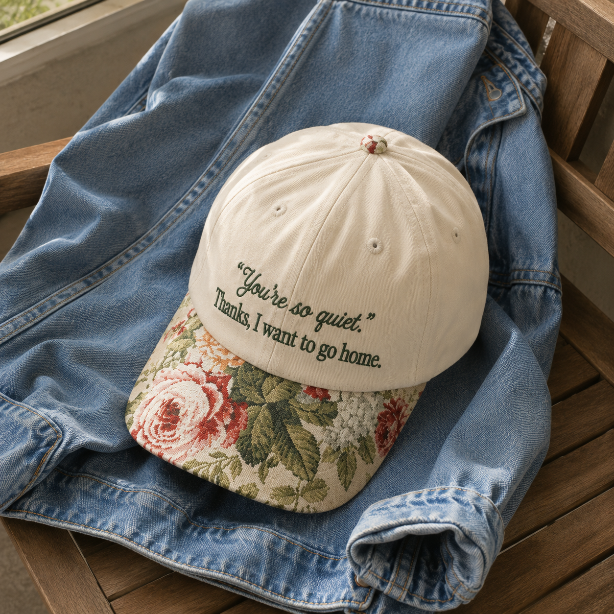 Beige embroidered baseball cap with black text 'You're so quiet. Thanks, I want to go home.' and a floral tapestry visor, resting on a denim jacket.