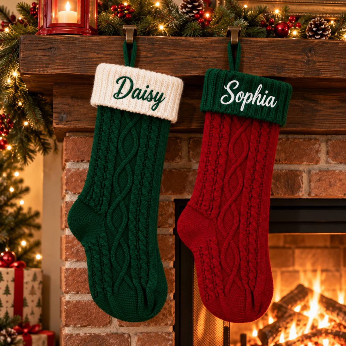 Two personalized Christmas stockings hang from a wooden mantel in front of a lit fireplace. One stocking is dark green with a cream cuff and the name 'Daisy' in white script.