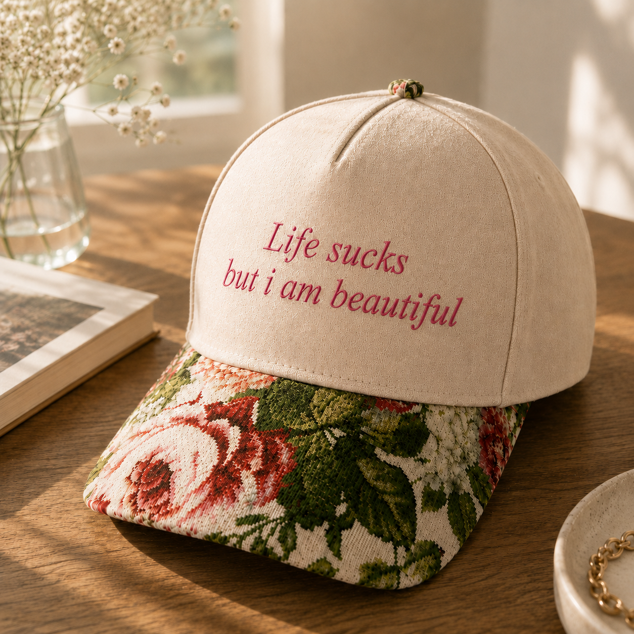 A baseball cap with a cream-colored crown and a floral patterned visor, featuring the embroidered text 'Life sucks but i am beautifull' in red on the front. The cap is styled on a wooden table with a book, a vase of baby's breath, and a gold chain in a warm, sunlit setting.