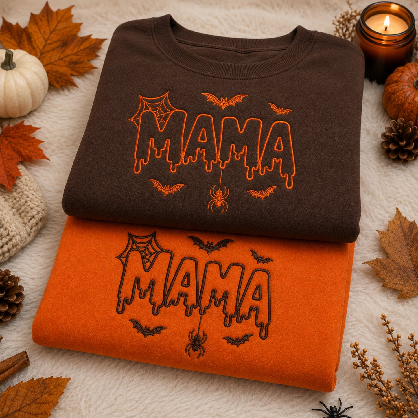 Two folded sweatshirts stacked on a white textured blanket with autumn props. The top sweatshirt is dark brown with orange 'MAMA' lettering and spider/bat motifs, and the bottom sweatshirt is bright orange with black 'MAMA' lettering and matching spider/bat motifs.