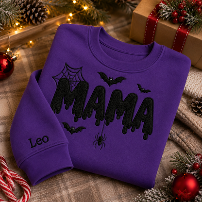 Custom Mama Halloween embroidered sweatshirt, cozy purple spooky mama sweater with personalized sleeve name.