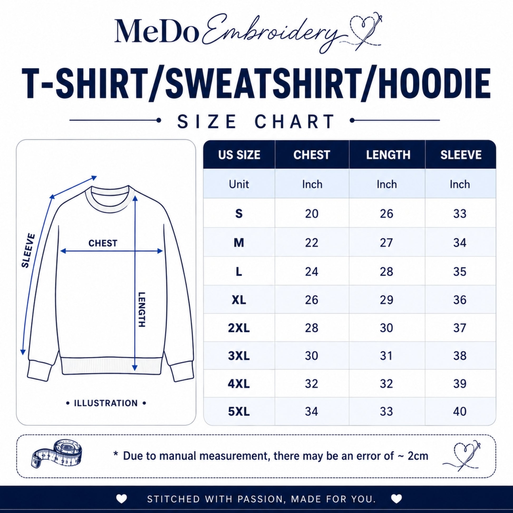 MeDoEmbroidery size chart for t-shirts, sweatshirts, and hoodies showing chest, length, and sleeve measurements to help customers choose the perfect unisex fit.