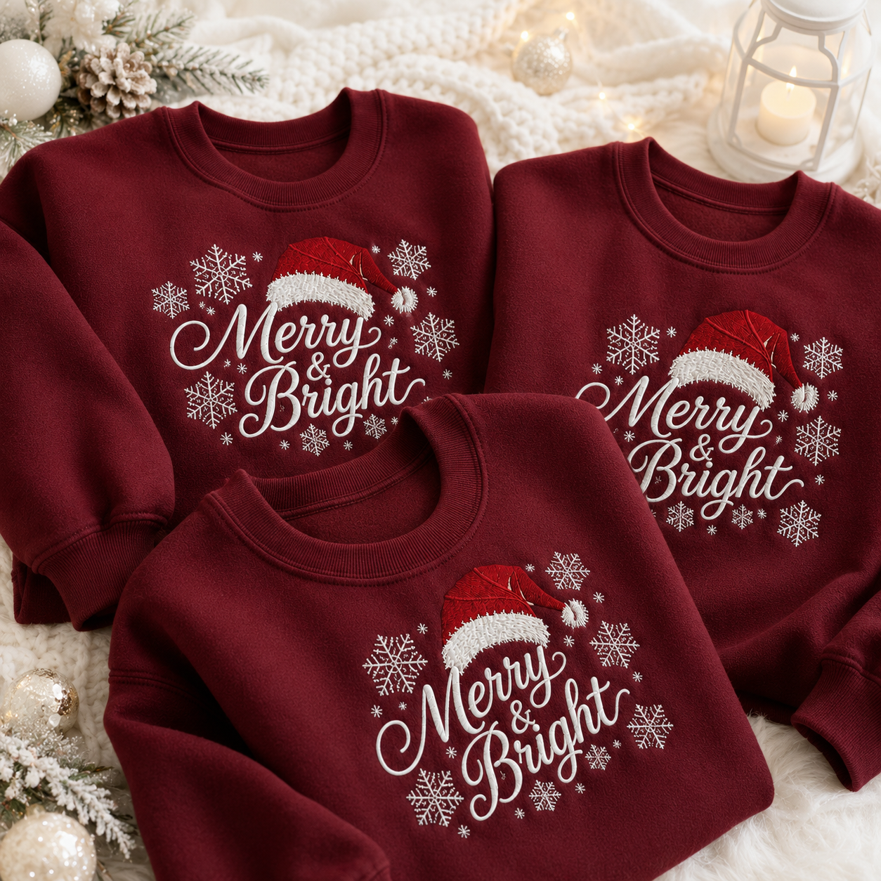 Three burgundy crewneck sweatshirts arranged in a flat lay with holiday decorations. Each sweatshirt has a white 'Merry & Bright' script graphic, white snowflakes, and a red Santa hat illustration on the chest.