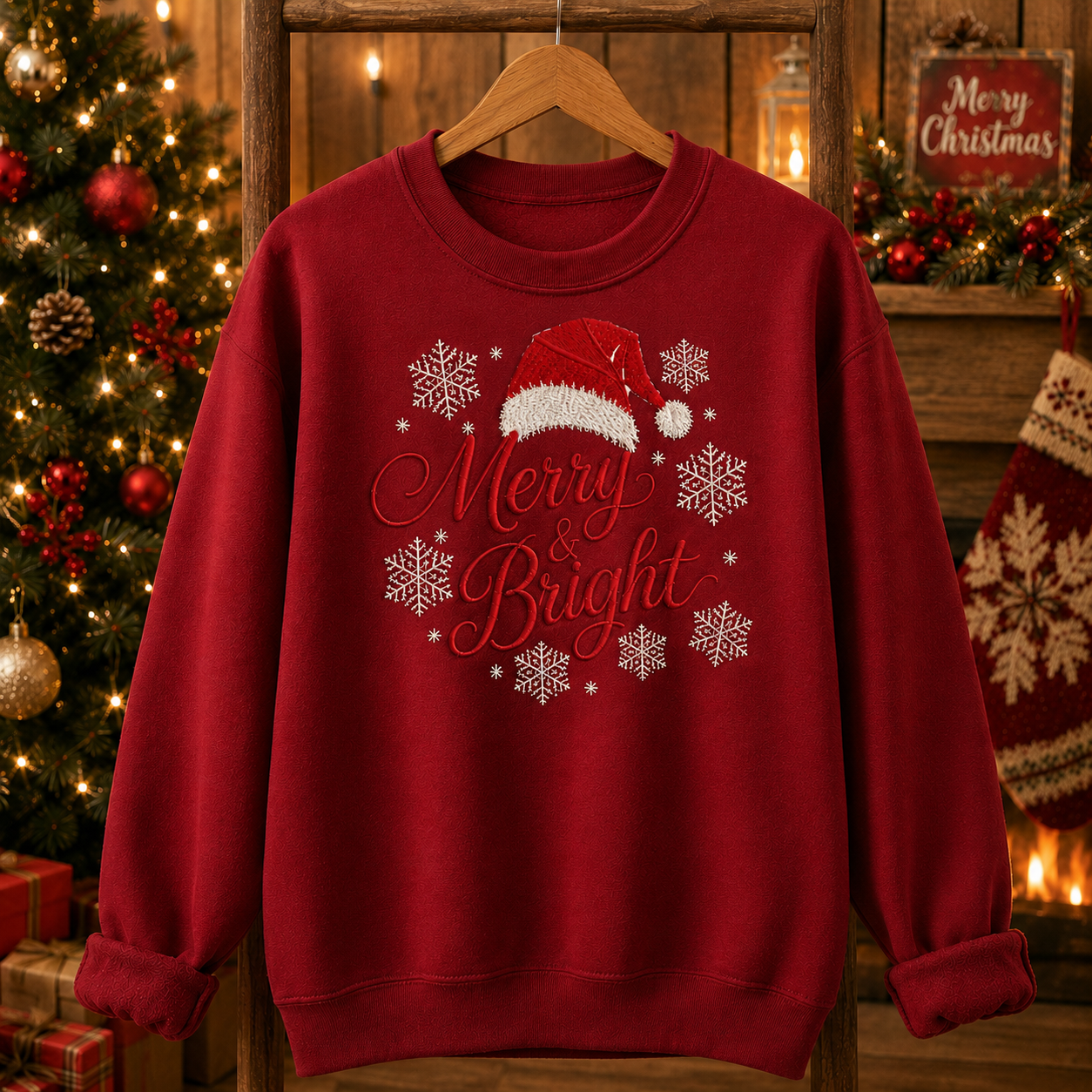 A festive red crewneck sweatshirt hanging on a wooden hanger, decorated with a red Santa hat, white snowflakes, and the words 'Merry & Bright' in red and white script. The background is a cozy, warmly lit Christmas tree and holiday shelf.