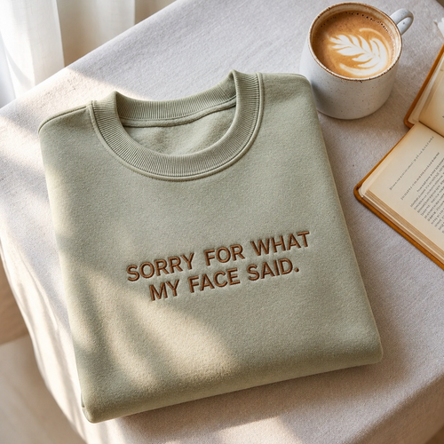 Light sage green crewneck sweatshirt neatly folded on a table next to a cup of coffee and an open book, embroidered with text reading "SORRY FOR WHAT MY FACE SAID."