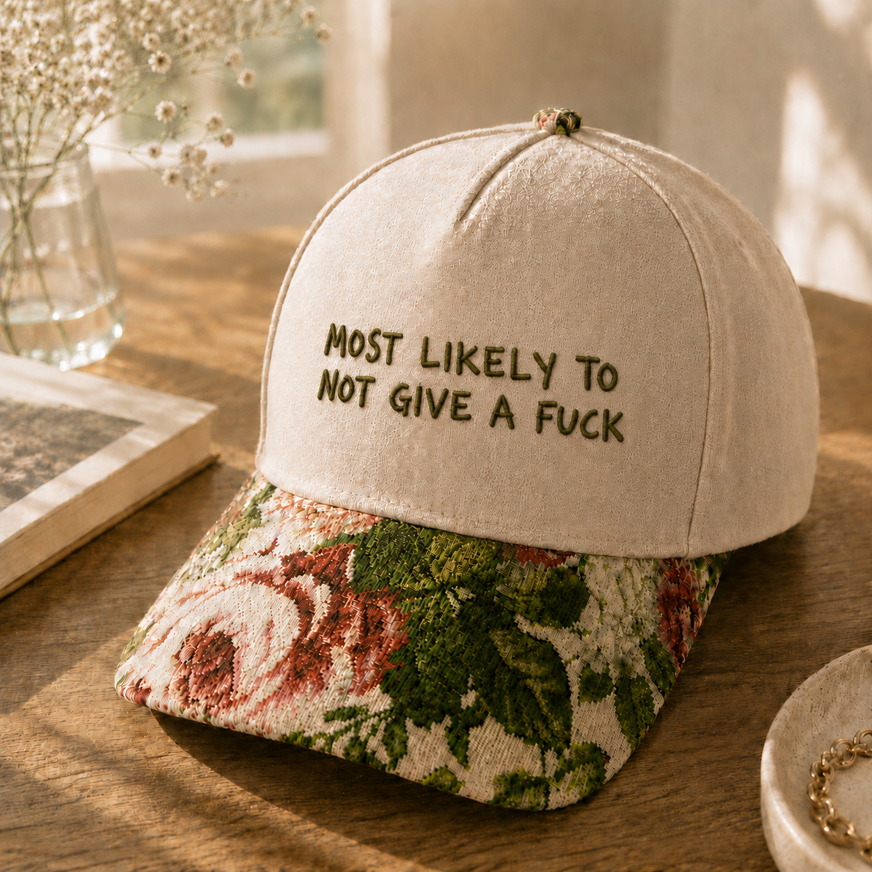 A baseball cap with a cream-colored crown and a floral patterned visor, featuring the embroidered text 'MOST LIKELY TO NOT GIVE A FUCK' on the front. The cap is styled on a wooden table with a book, flowers, and a ring holder in the background.