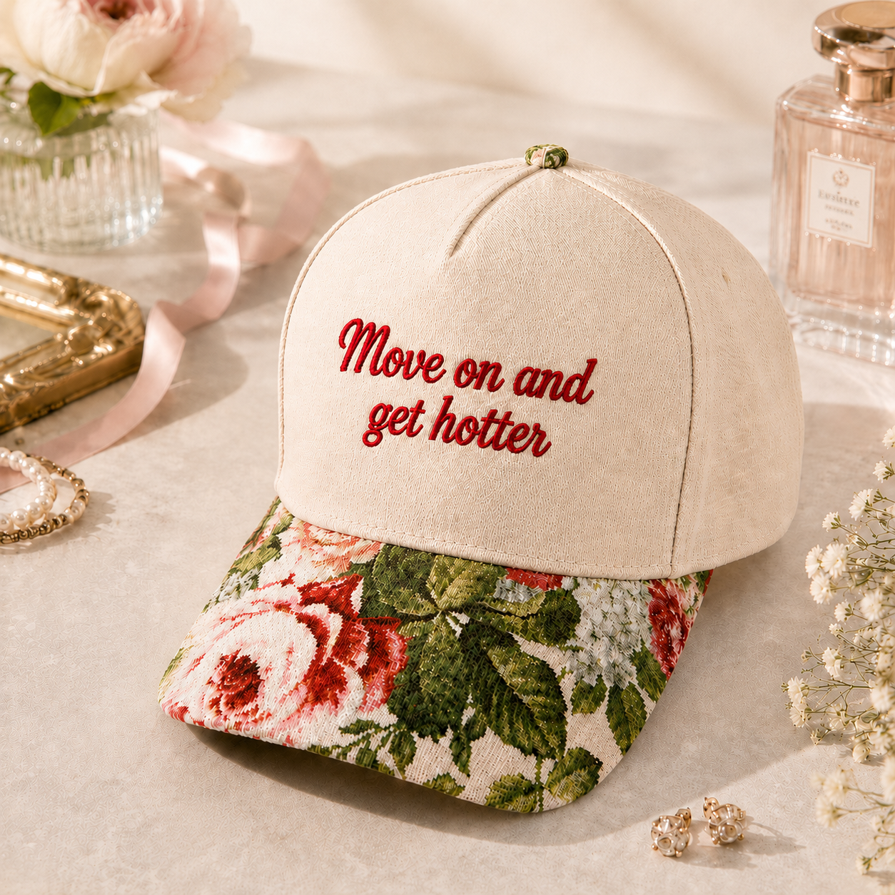 Move On And Get Hotter Embroidered Floral Hat