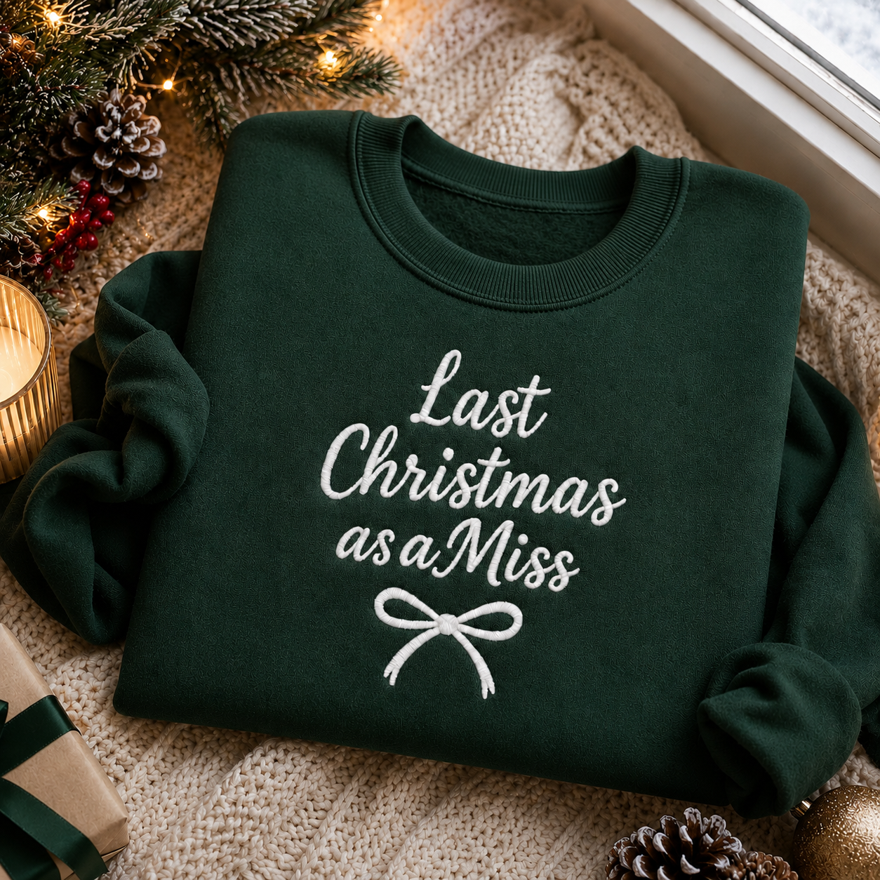 Forest green crewneck sweatshirt embroidered with white text reading "Last Christmas as a Miss" and a white bow, displayed in a festive holiday Christmas setting.