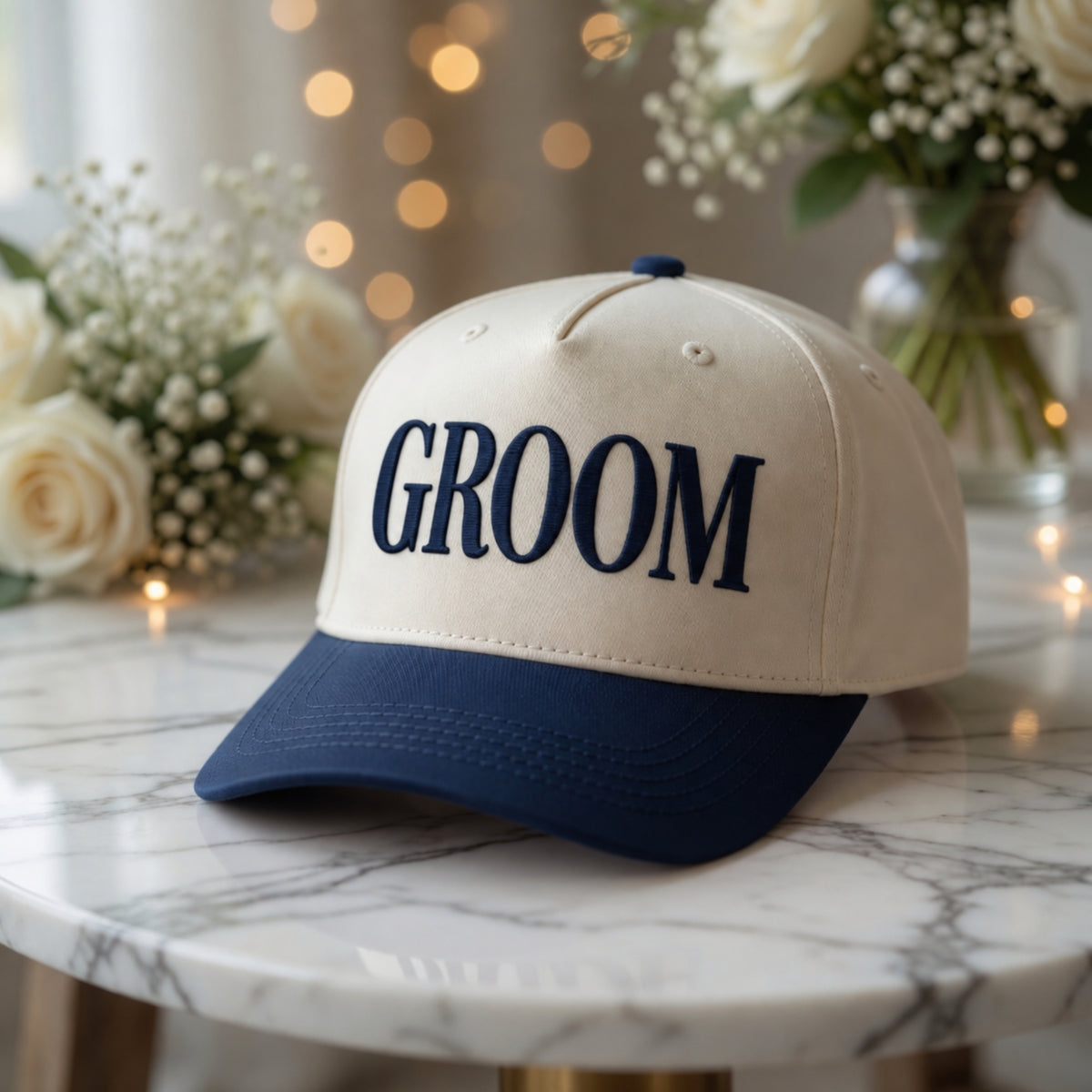 A cream and navy blue baseball cap with the word 'GROOM' embroidered in navy on the front, resting on a white marble table with blurred flowers and warm bokeh lights in the background.